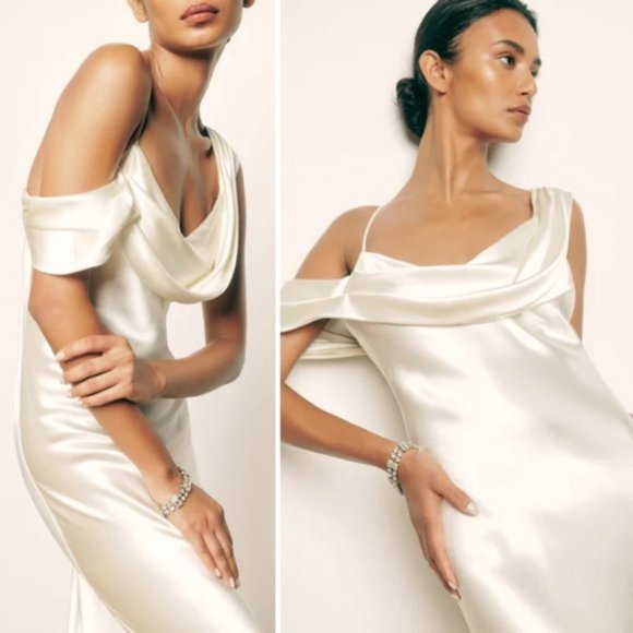 NWT Reformation Ronda Maxi Silk Dress Sz 10 Ivory One Shoulder Low Cowl Neck - Picture 2 of 9